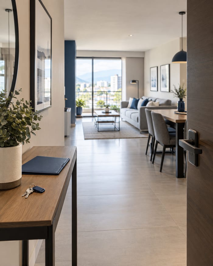 Entrada de un apartamento en alquiler con llaves sobre la consola y vista a la sala